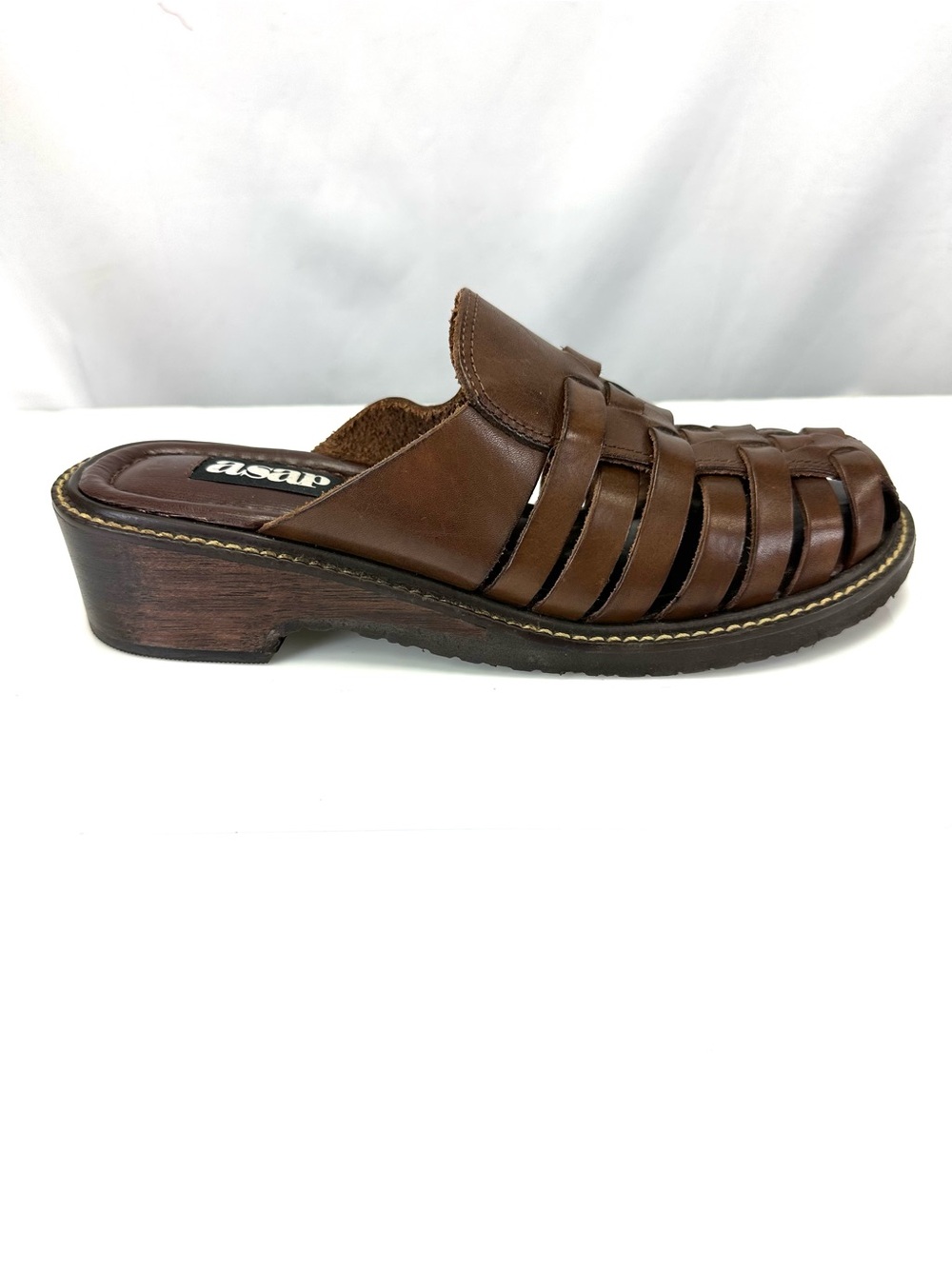 ASAP Brown Leather Fisherman Woven Mule Sandals Heels Size 10M